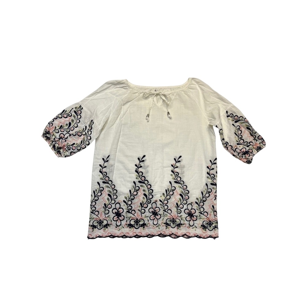 Kindred White Navy Floral Embroidered‎ Cottagecore Boho Tunic Top Blouse Size M